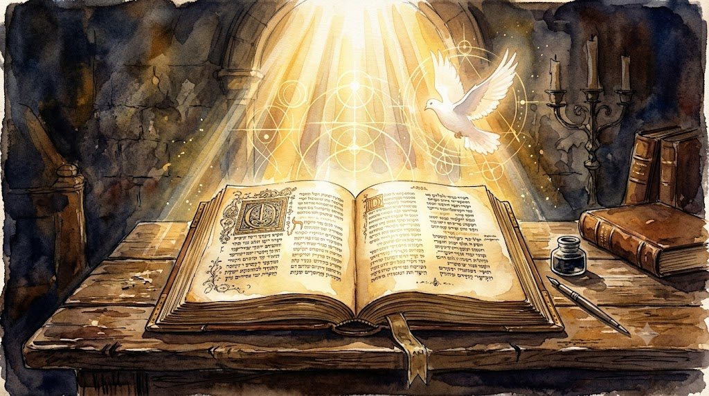 An open book in a stream of light, a dove above it